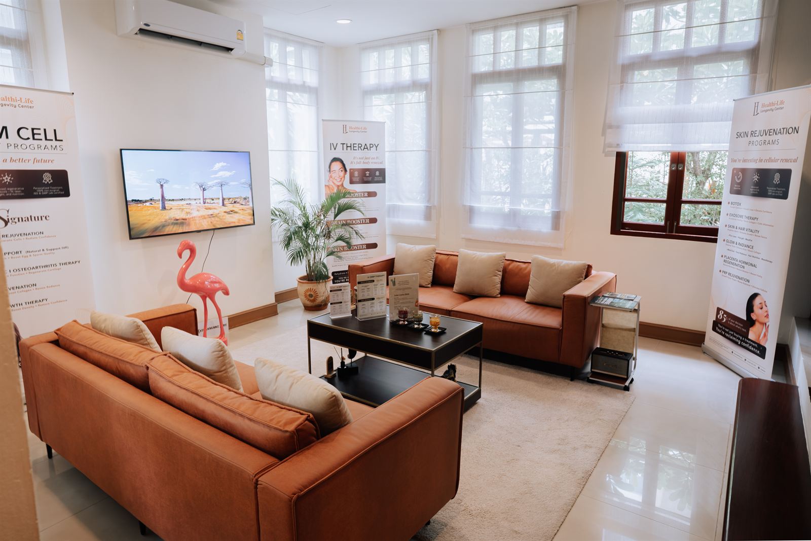 Guest lounge with program displays